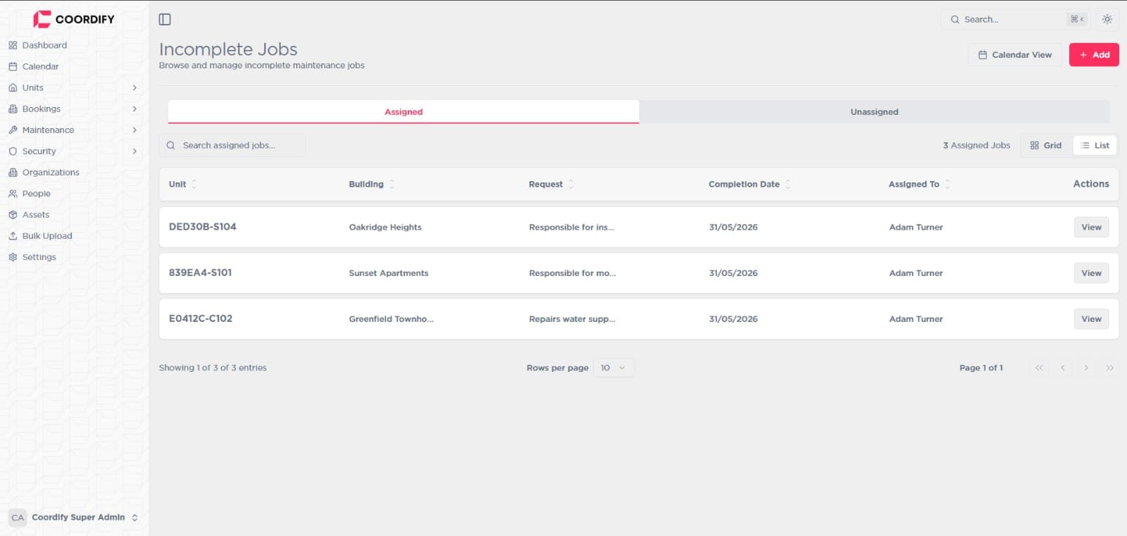 Maintenance dashboard preview